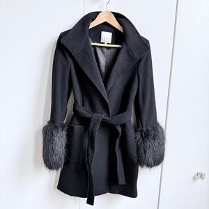 Joie Hesperina Faux Fur Cuff Belted Wool Coat Black